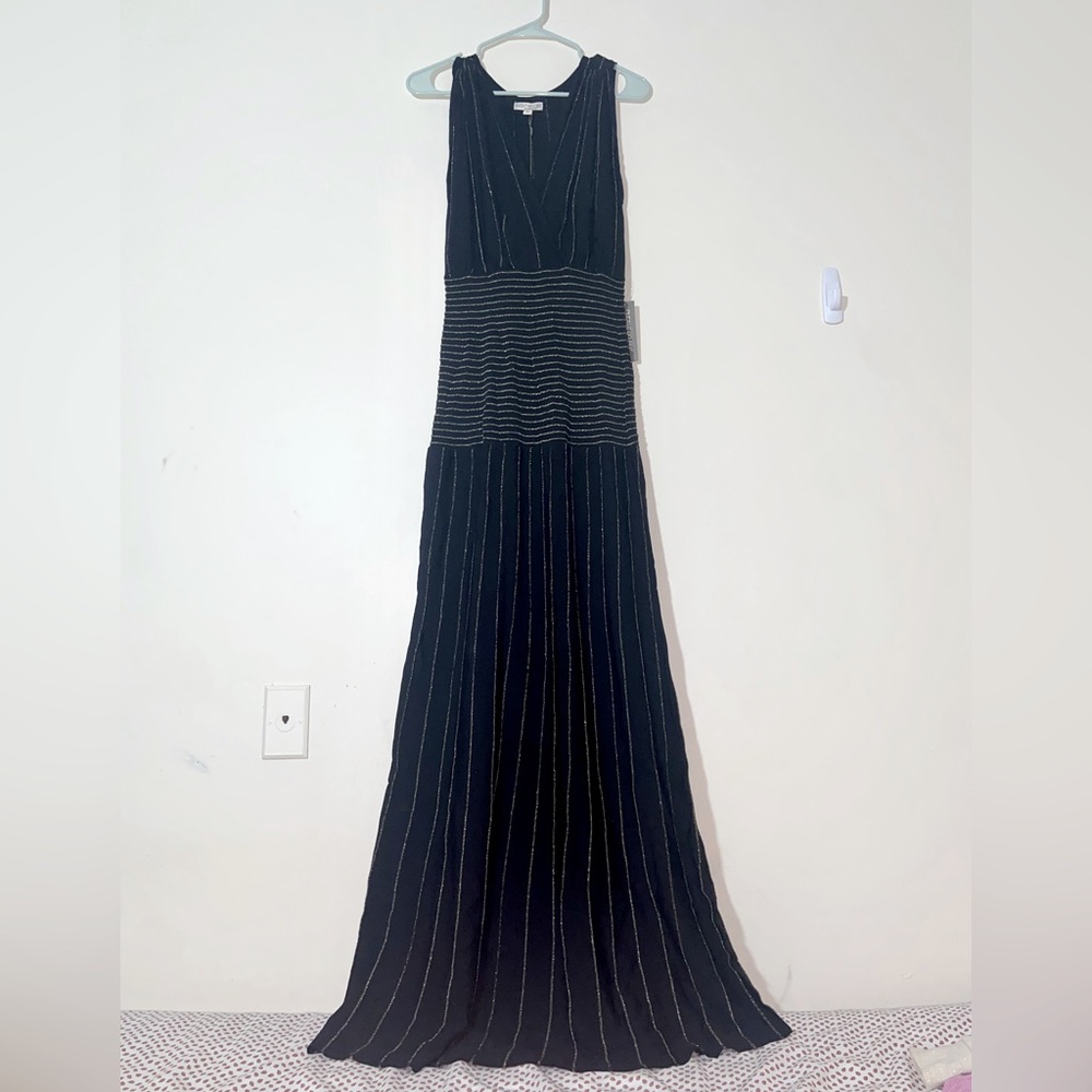 NY&Co Black Sleeveless Evening Gown with Gold Glittered Stripes